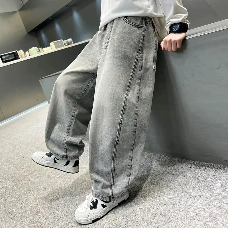 Light Grey Boys' Denim Pants Spring Autumn Casual Relaxed Fit Medium To Large Kids Jeans