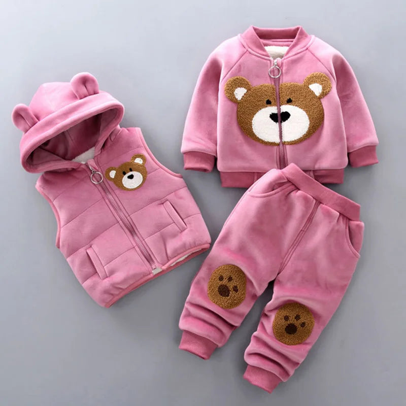 Autumn Winter Baby Boys Clothes Sets Thick Fleece Cartoon Bear Jacket Vest Pants 3Pcs Cotton Sport Suit For Girls Warm Outfits