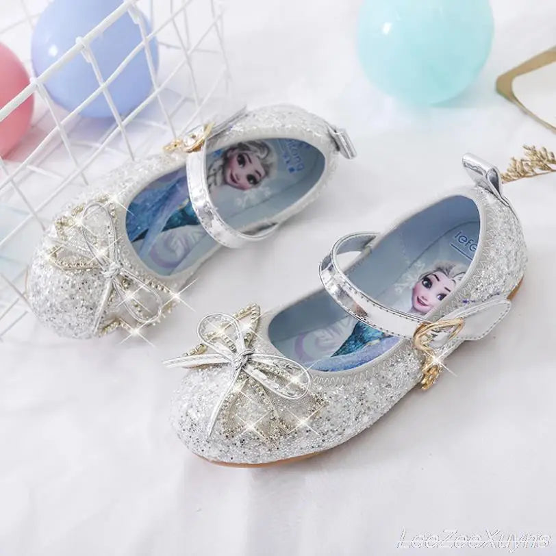 Disney Girls Princess Shoes Soft Sole Little Girl Frozen Children Crystal Casual Shoes Flat Leather Show Dance Shoes Size 22-36