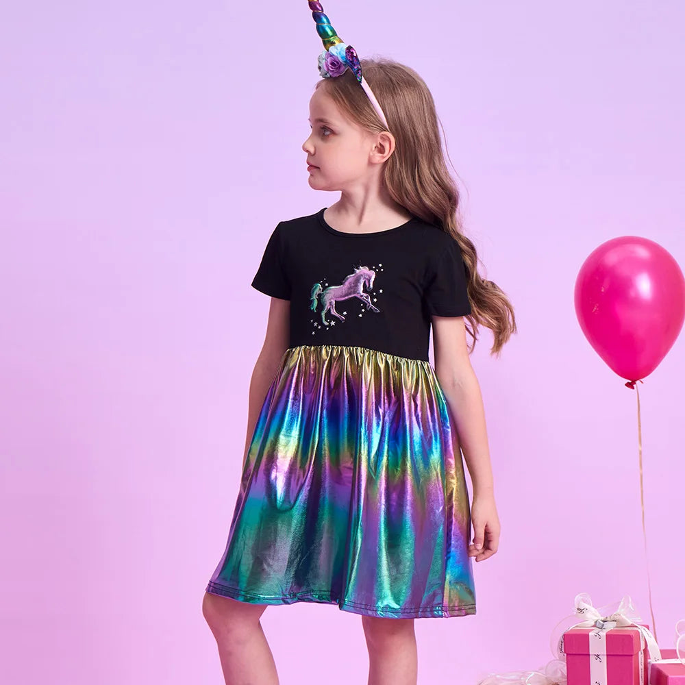 VIKITA Girls Unicorn Cartoon Dress Kids Short Sleeve Summer Dresses Girls Casual Shiny Patchwork Infantil Vestidos Kids Clothes
