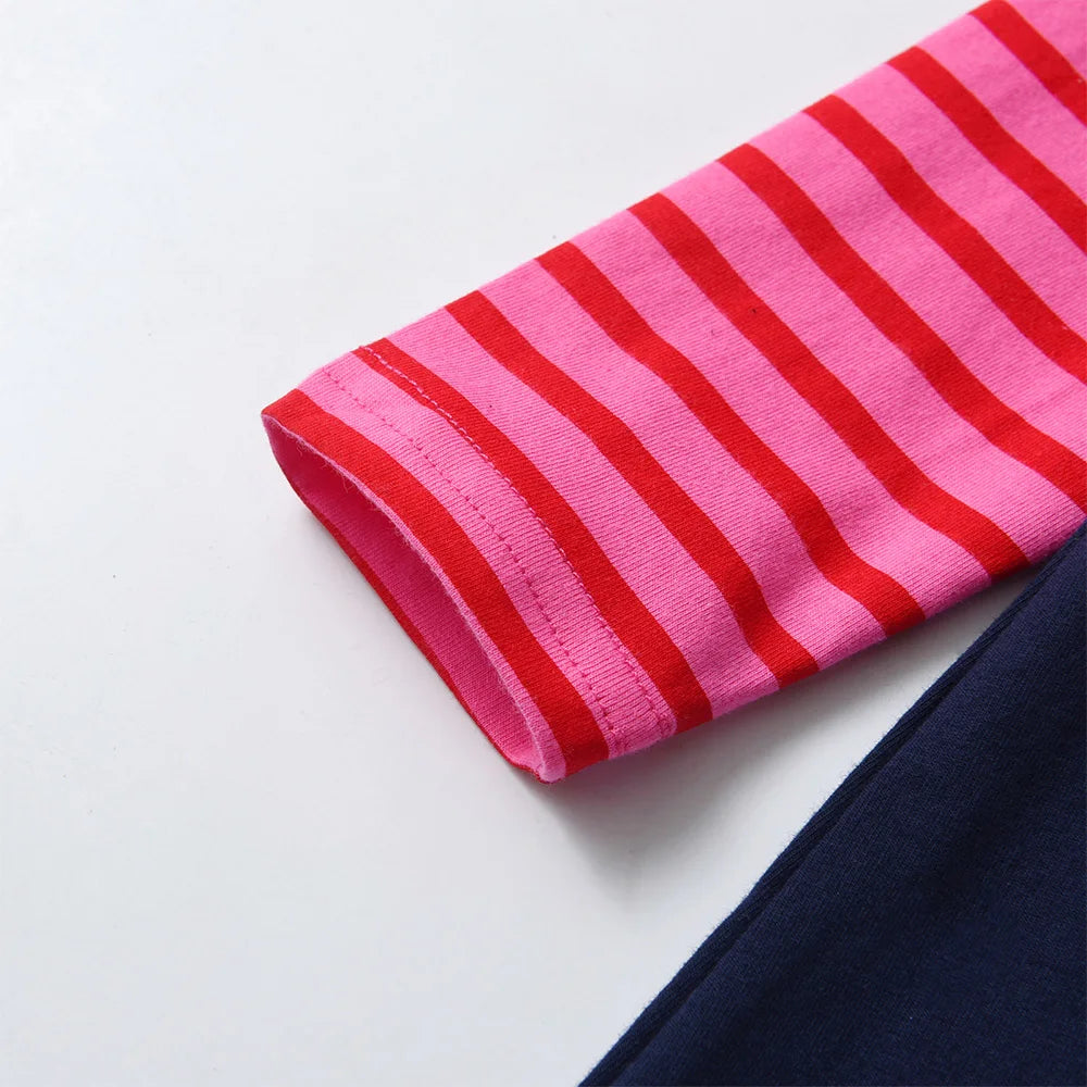 VIKITA Girls Cotton Casual Straight Dress Kids Penguin Snowflakes Cartoon Appliqued Striped Dresses Girls Autumn Spring Dress