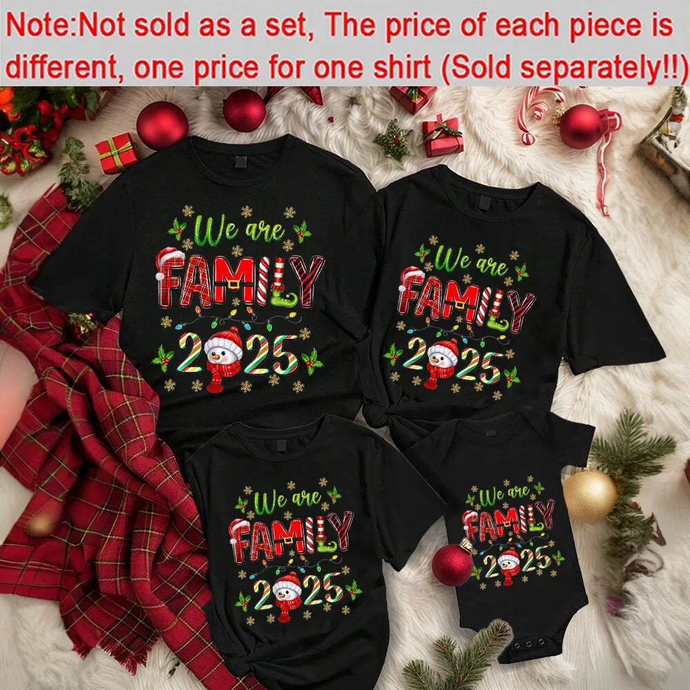 Family Christmas 2025 Matching Clothes Mom Dad Kids T-shirt Infant Baby Romper Deer Face Print Children Tees Xmas Gift for Party