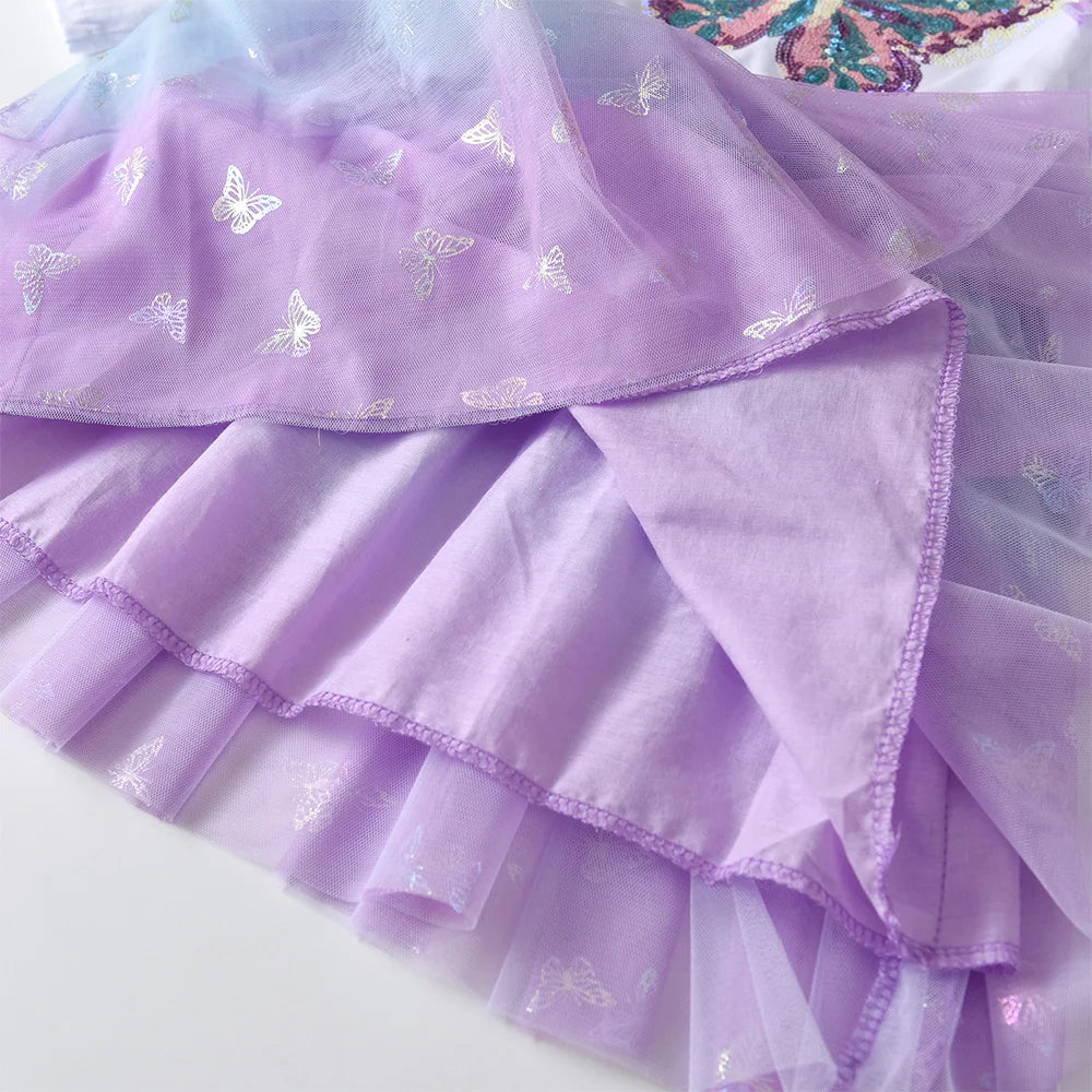 VIKITA Girls Butterfly Sequined Elegant Dress Kids Autumn Spring Purple Gradient Mesh Tulle Princess Party Performance Prom Gown