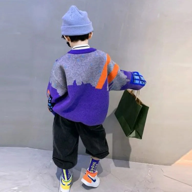 2025 Autumn/Winter New Boys' Fleece-Lined Thickened Crewneck Sweater, Korean Style Toddler Big Kids Knitwear