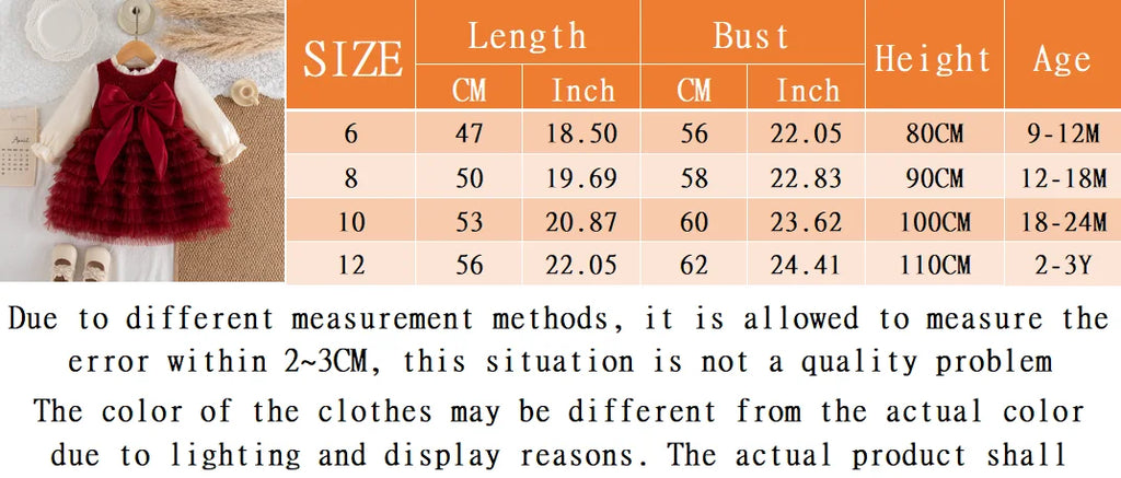 Christmas Party Dress! Winter New Red Bow Baby Girl Dress, Princess Style Children'S Clothing (9 Months -3 Years Old)