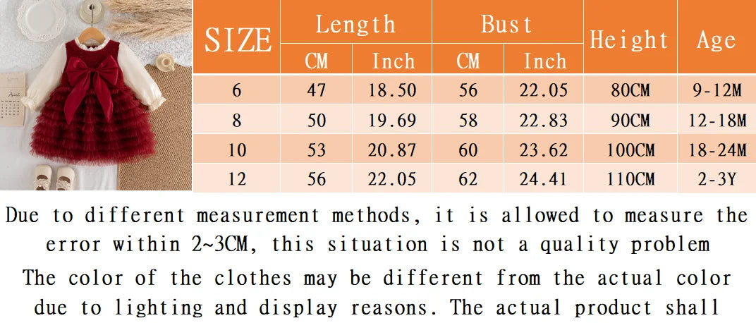 Christmas Party Dress! Winter New Red Bow Baby Girl Dress, Princess Style Children'S Clothing (9 Months -3 Years Old)