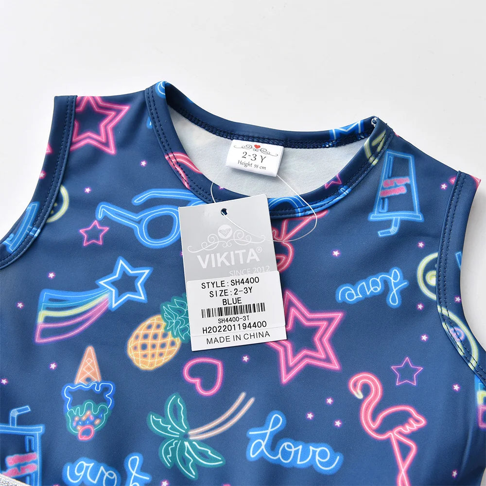 Toddlers Sleeveless Polyester Dress Kids Stars Flamingo Pineapple Print Dress Kids Starry Gradient Tulle Mesh Elegant Dress