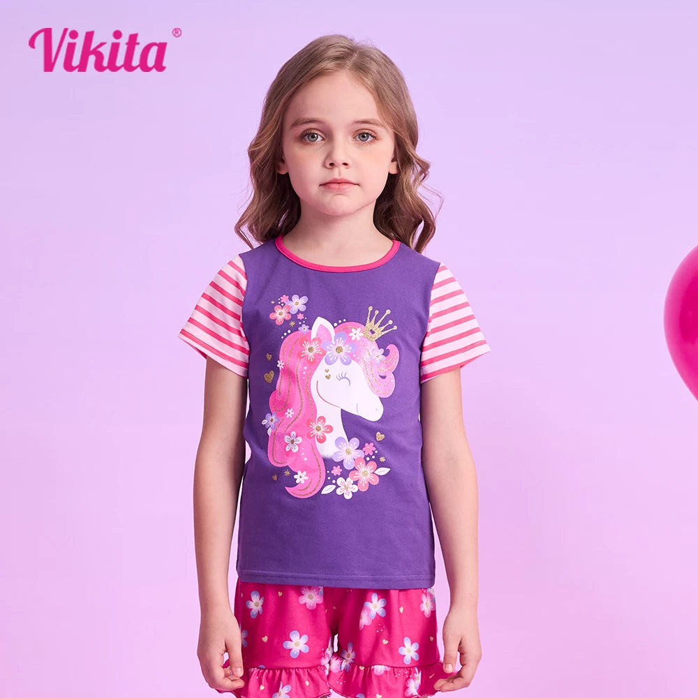 VIKITA Girls O Neck Short Sleeve Summer T Shirts Kids Unicorn Print Cartoon Tops and Tees Girls Cotton Casual Daily Clothes