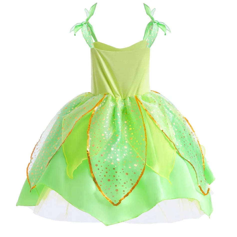 Disney Classic Elf Movie Tinker Bell Girls Play Fairy Dress Green Suspender Skirt With Wings and Flower Christmas Gift for Girls