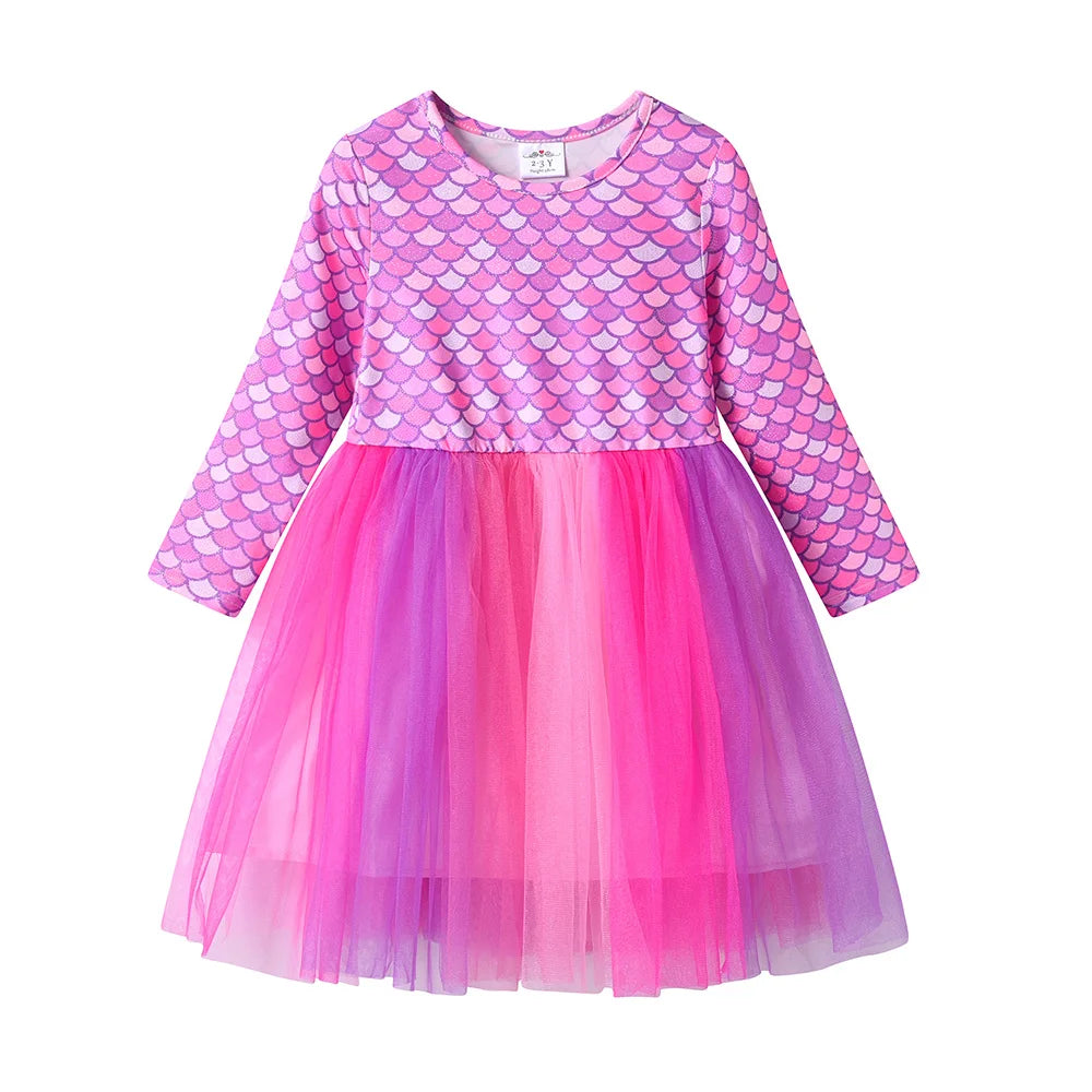 VIKITA Kinderkleidung Meerjungfrauen-Print Polyester Langarm Urlaubskleid Rosa Mädchen Buntes Netz Tüll Prinzessinnenkleid