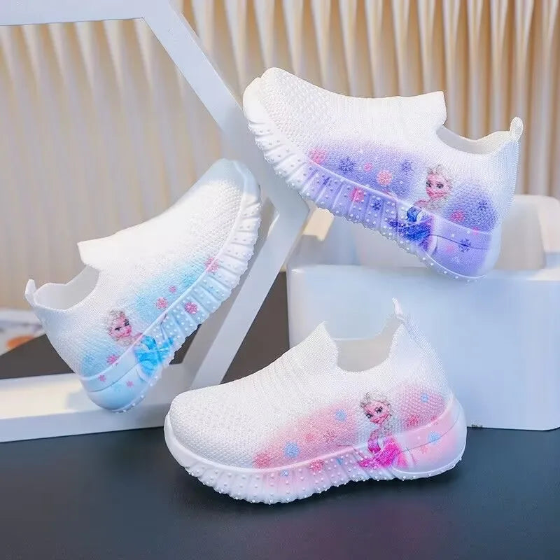 Disney Solid White Fashion Knitting Frozen Princess Elsa Children Casual Shoes Kids' Light Breathable Stretch Socks Sneakers Siz