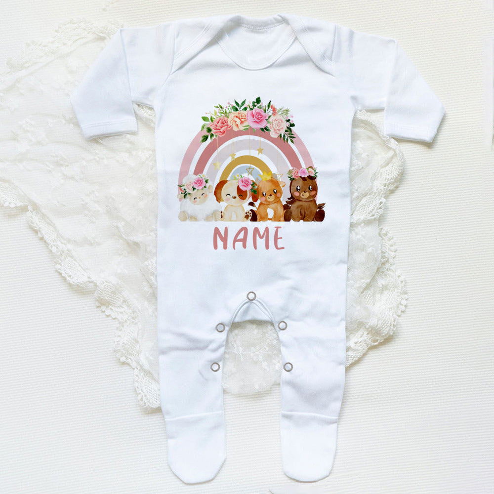 Personalised Forest Animal Rainbow Babygrow Sleepsuit Custom Name Infant Sleepsuit Baby Coming Home Outfit Newbron Shower Gift
