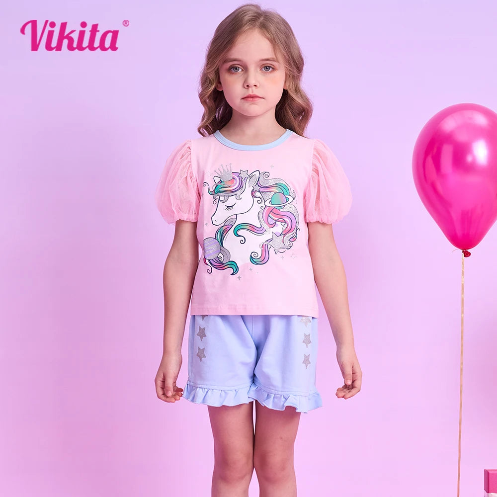 VIKITA Girls Clothing Sets for Summer Kids Unicorn Cartoon Print Short Sleeve Cotton T Shirt and Ruffles Shorts Pants 2 Pcs Suit
