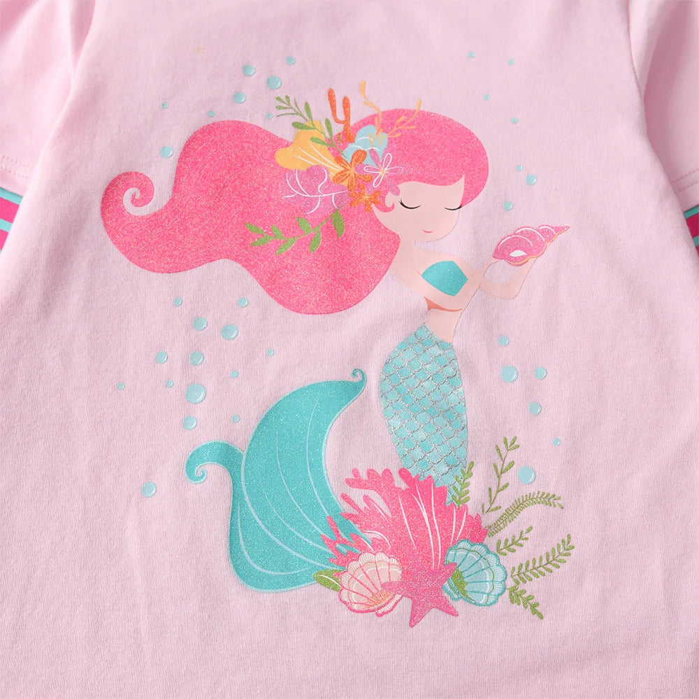 VIKITA 2025 New Children Clothes Kids Striped Pink Long Sleeve Tops Wear Girls Mermaid Print Daily Cotton Casual Cute Tees