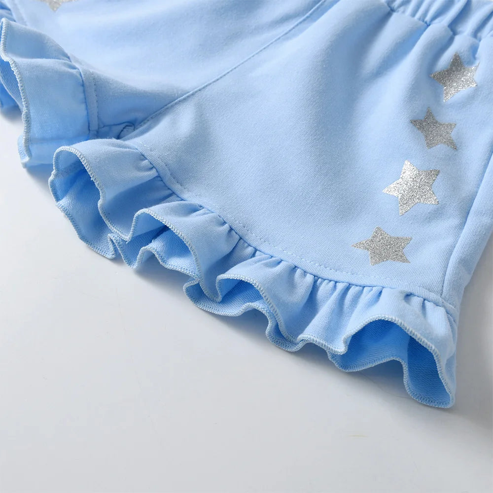 VIKITA Girls Clothing Sets for Summer Kids Unicorn Cartoon Print Short Sleeve Cotton T Shirt and Ruffles Shorts Pants 2 Pcs Suit