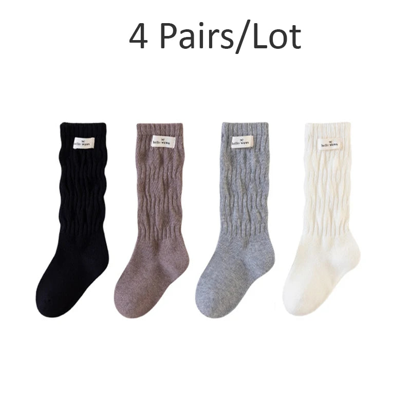 4 Pairs Long Girl Socks New School Style Student Socks For Girls Children'S Socks Solid Color Kids Stocking For Girls