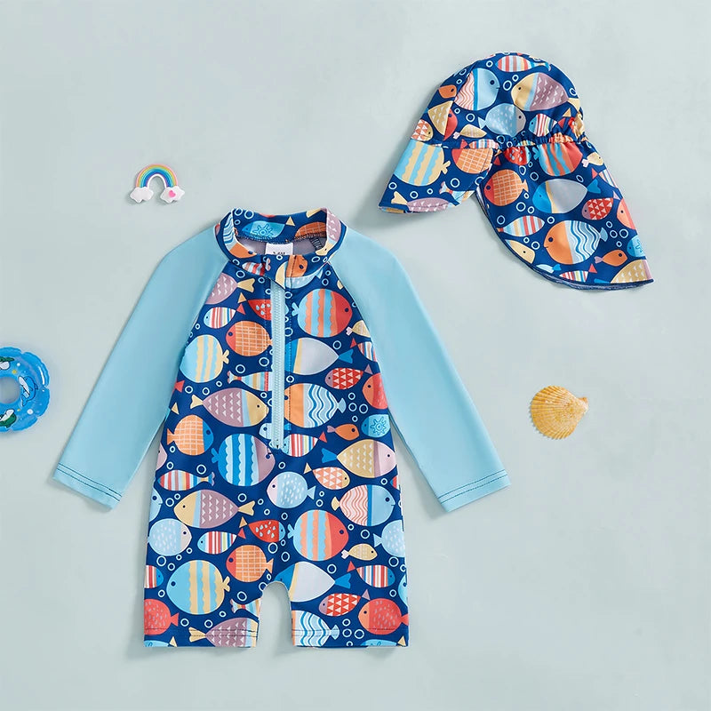 Toddler Boy UV Protection Swimsuit Set with Fish Print Long Sleeve Rash Guard Half Zipper and Sunhat for Sun Safety