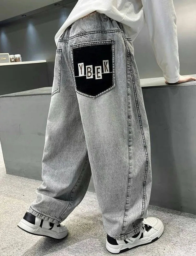 Light Grey Boys' Denim Pants Spring Autumn Casual Relaxed Fit Medium To Large Kids Jeans