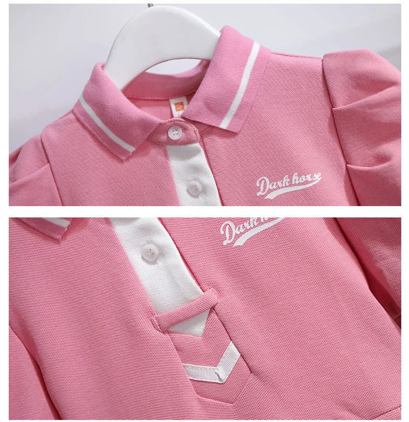 4-9Years Children Summer Dress Turn-Down Collar Girls Short Sleeve Solid Color Letter School Style Fashion Kid Dress