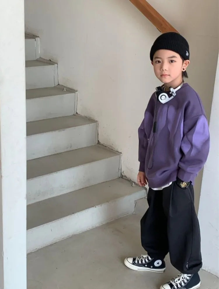 Boys' Medium To Large 2025 New Arrival No Hood Crewneck Spring/Autumn Trendy Street Style Kids Sweatshirt