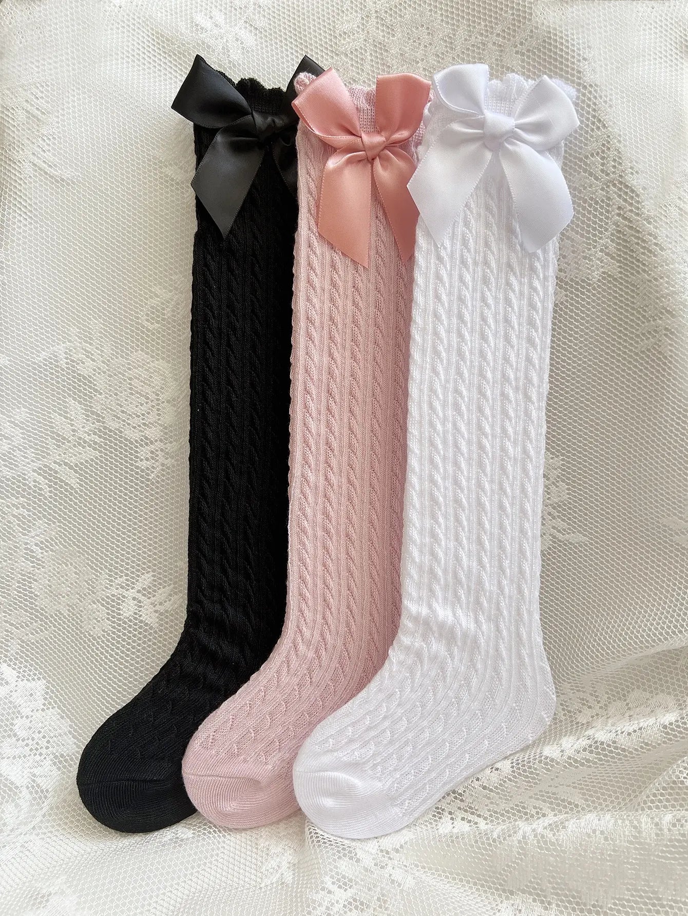 3pairs Girls Bow Decor Over The Calf Long Socks
