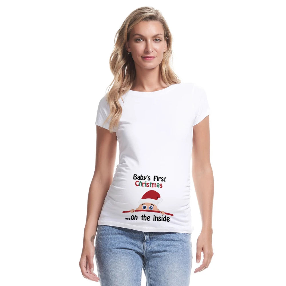 Baby 's First Christmas on The Inside Pregnancy T Shirt Maternity Shirts Xmas Pregnancy Announcement Shirt New Mom White Clothes