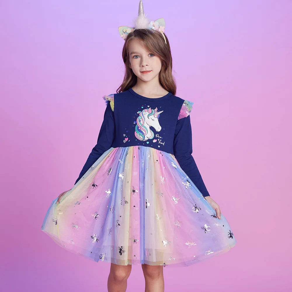 VIKITA Girls Unicorn Dress for Autumn Spring Children Cotton Casual School Costumes Birthday Party Princess Mesh Dress for Girl
