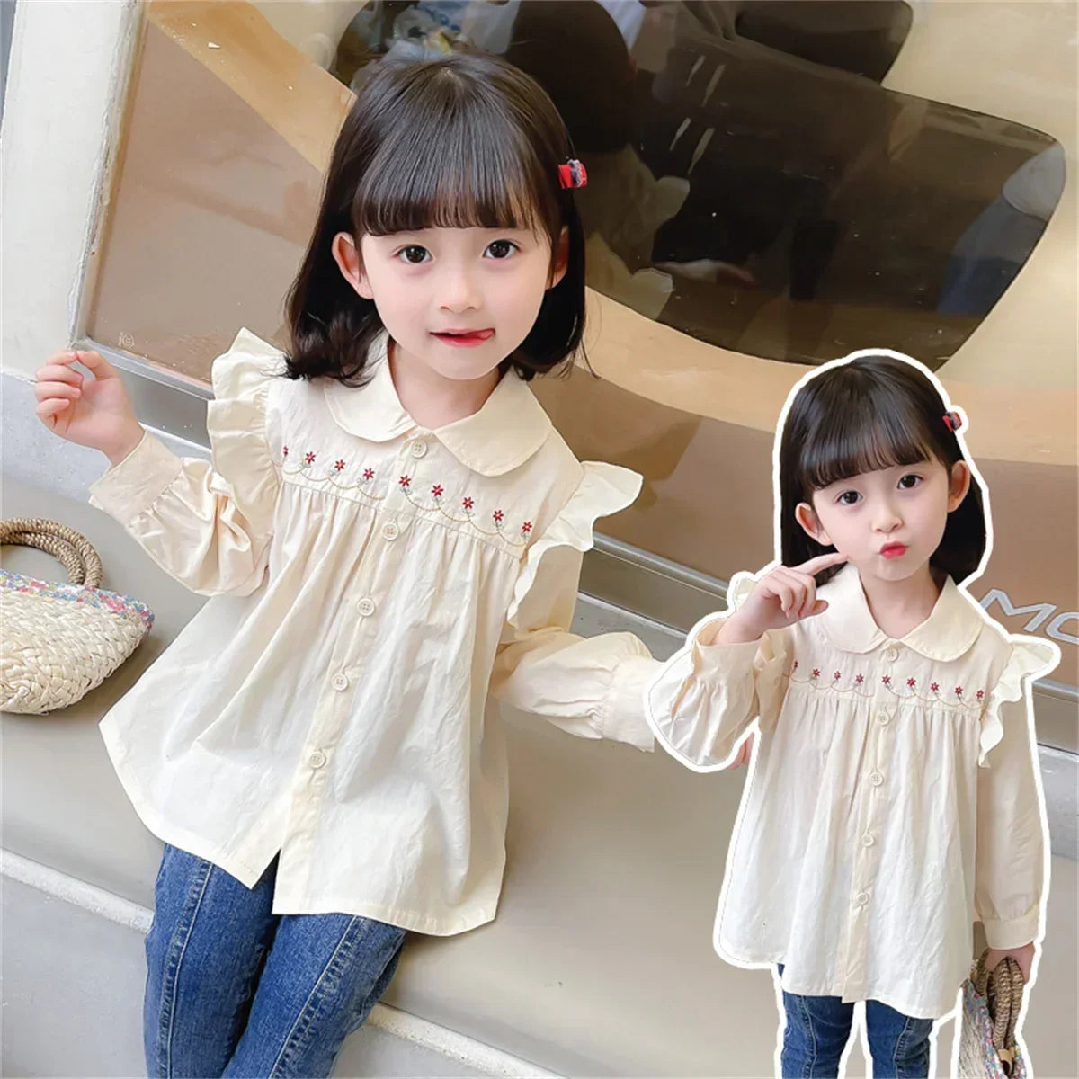 (Girls 0-5 years old) Autumn New Girls' Shirts Lace Pleated Flowers Decorated Doll Collar Blouse Blouse Blouse Blouse Blouse