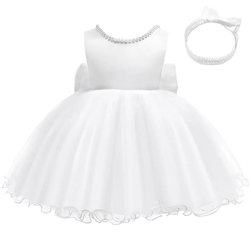 Infant Baby Tulle Backless Pageant Wedding Party Flower Girls Big Bow Dress With Headwear For Toddler Baptism Birthday Prom Gown