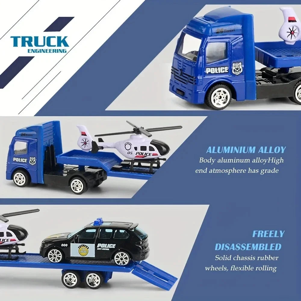 Friction Powered Carrier Truck Toy Push and Go Construction Car Toy Alloy Tow Trailer Trucks Set Gift for Toddlers Boys Girls