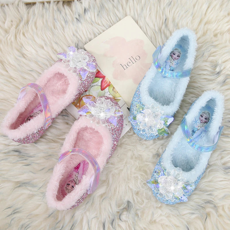Disney Girls' Plush Slippers Frozen Cute Children's Princess Elsa Winter Cotton Slippers Baby Snow Home Pink Blue Shoes Size 23