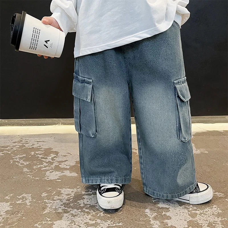 New 2025 Kids Korean Style Vintage Loose Cargo Pocket Straight Leg Jeans Pants - Boys' Denim Straight Jeans Casual Wear
