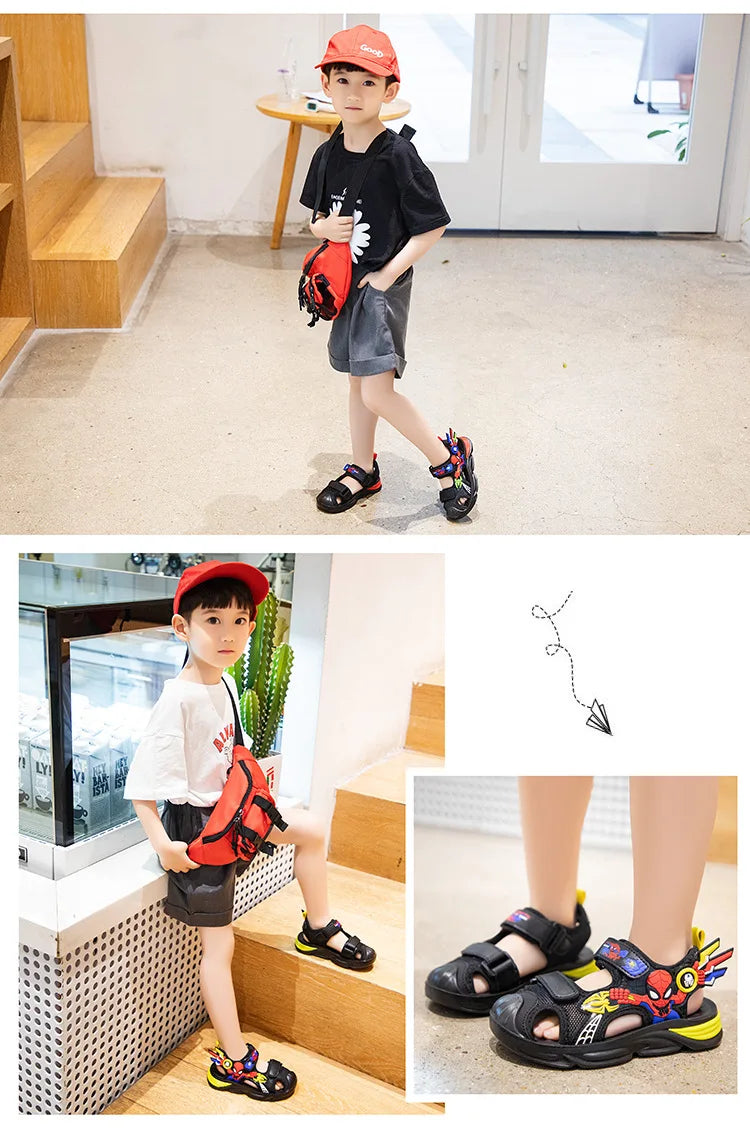 Disney Children's Cartoon Sandals Summer Boys' Beach Sandals Soft Soled Children's Sports Sandals Open Peep Toe Black Shoes
