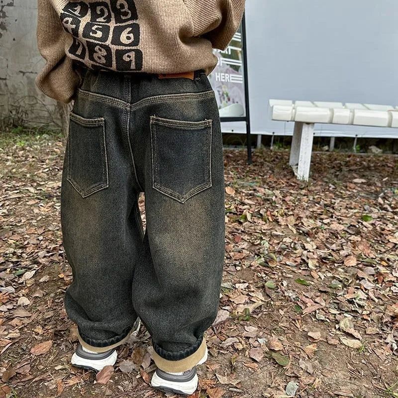 Boys' Autumn Winter Thermal Fleece-Lined Korean-style Patchwork Jeans - Thickened One-Piece Long Pants Spring Autumn New