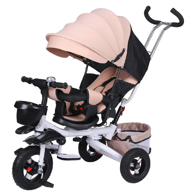 4 in 1 Folding Kids Trike Sit & Lying Toddler Stroller with Large Canopy Tricycle Dual Brake 3-Gear Adjustable Backrest Portable