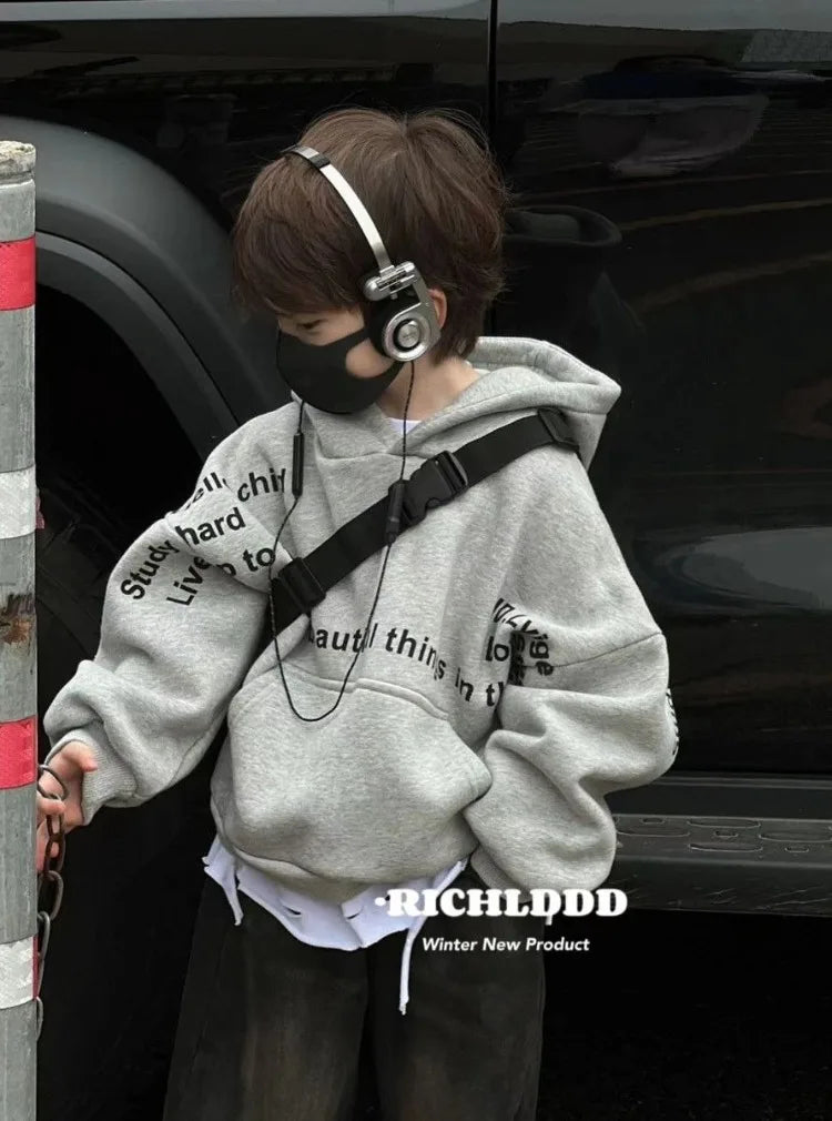 Autumn Winter Kids' Mid-Small Edgy Fleece-Lined Letter Print Hooded Hoodie - Warm Korean-Style Baby To Big Kids Top