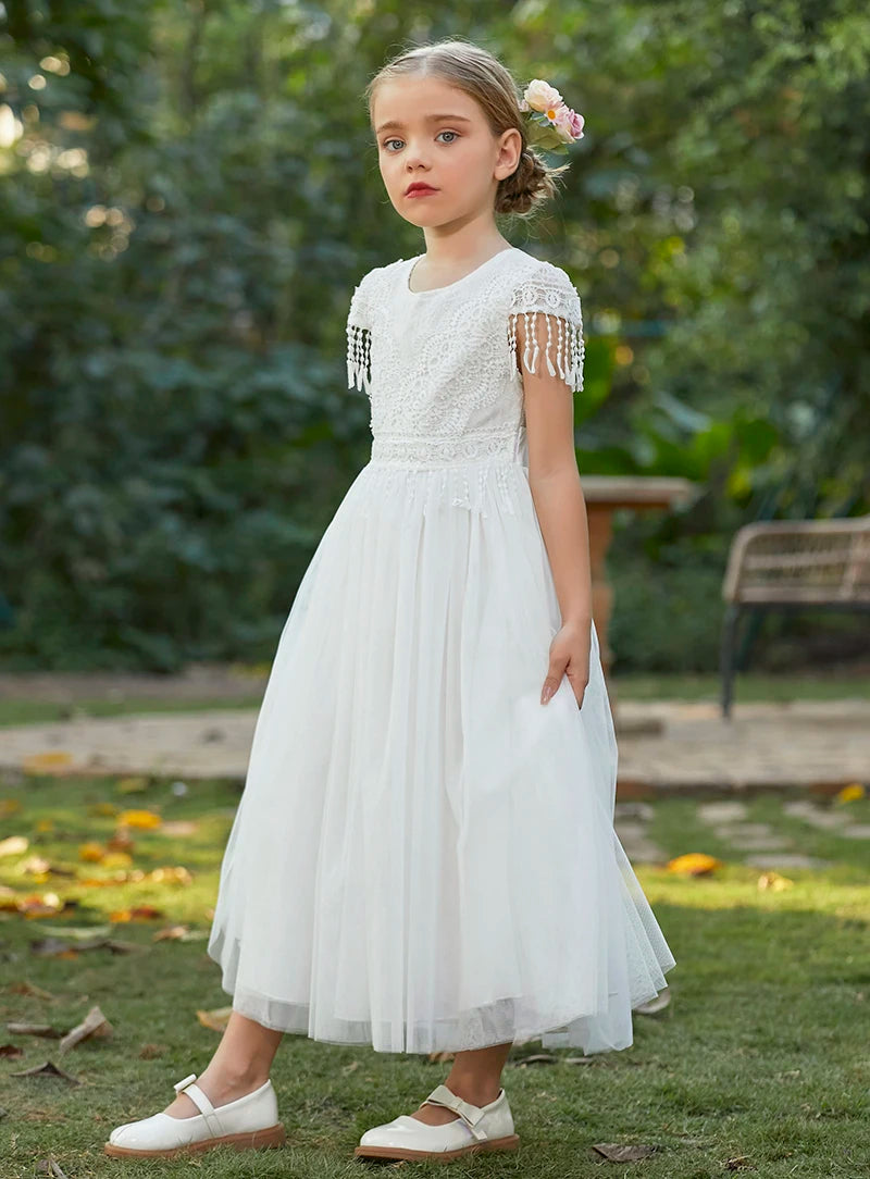 Christmas Girl's New Bohemian Style Lace Tassel Flower Backless Solid Color Fashionable and Atmospheric Gathering Mesh Dress