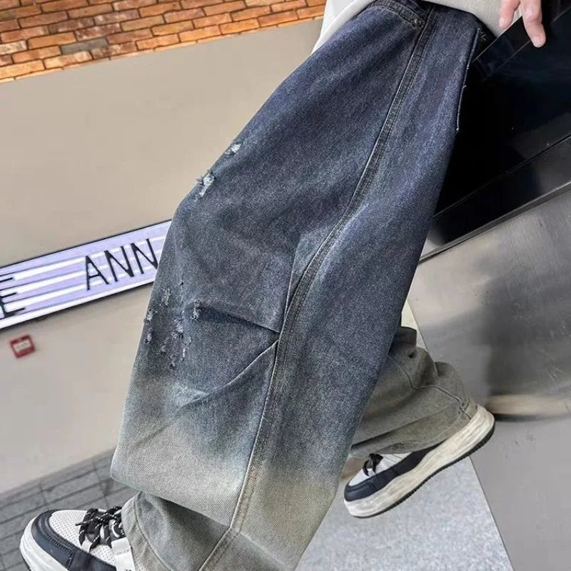 2025 New Boys' Gradient Denim Jeans Straight Leg Loose Fit Wide Pants for Kids Spring/Fall Casual Wear, Trendy & Stylish