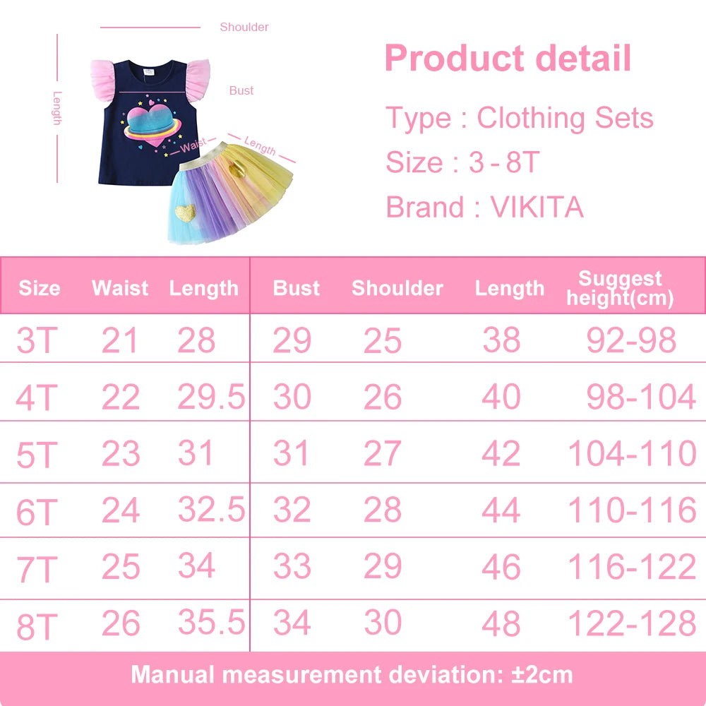 VIKITA Girls Summer Clothing Sets Kids Flare Sleeve Heart Cotton Tops Tees and Rainbow Mesh Tulle Skirts 2 Pcs Children Clothes