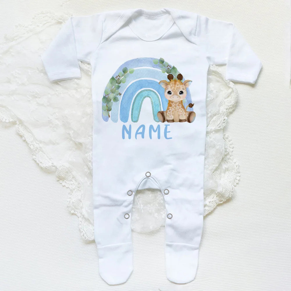Personalised Forest Animal Rainbow Babygrow Sleepsuit Custom Name Infant Sleepsuit Baby Coming Home Outfit Newbron Shower Gift