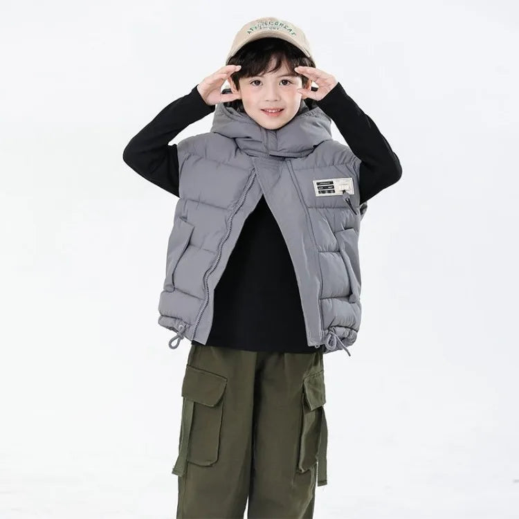 2025 Kids Puffy Windproof Quilted Sleeveless Jacket Korean Style Oversized Cargo Vest for Toddler Boys Thermal Insulated Outdoor