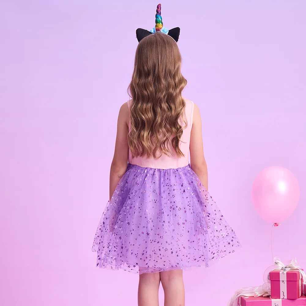 VIKITA Kids Unicorn Cartoon Print Dress Girls Sleeveless Summer Vestidos Kids Patchwork Purple Princess Mesh Tulle Party Dress