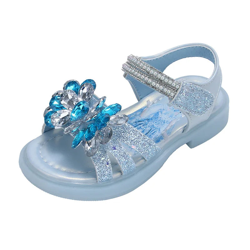 Kids' Sandals Elsa Princess Frozen PU Leather Crystal Summer Flat Shoes For Girls Breathable Anti-slip Blue Pink Size 23-33
