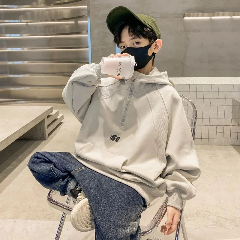 2025 New Boys' Mid-Large Spring-Autumn & Autumn-Winter Fleece-Lined Thickened Hooded Hoodie - Trendy Streetwear Boys' Top