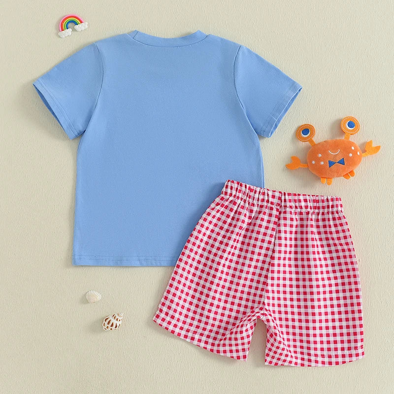 Children s Boys Summer Clothing Set with Cute Lobster Embroidered Short-Sleeve T-Shirt and Elastic Waist Shorts 2-Piece Outfit
