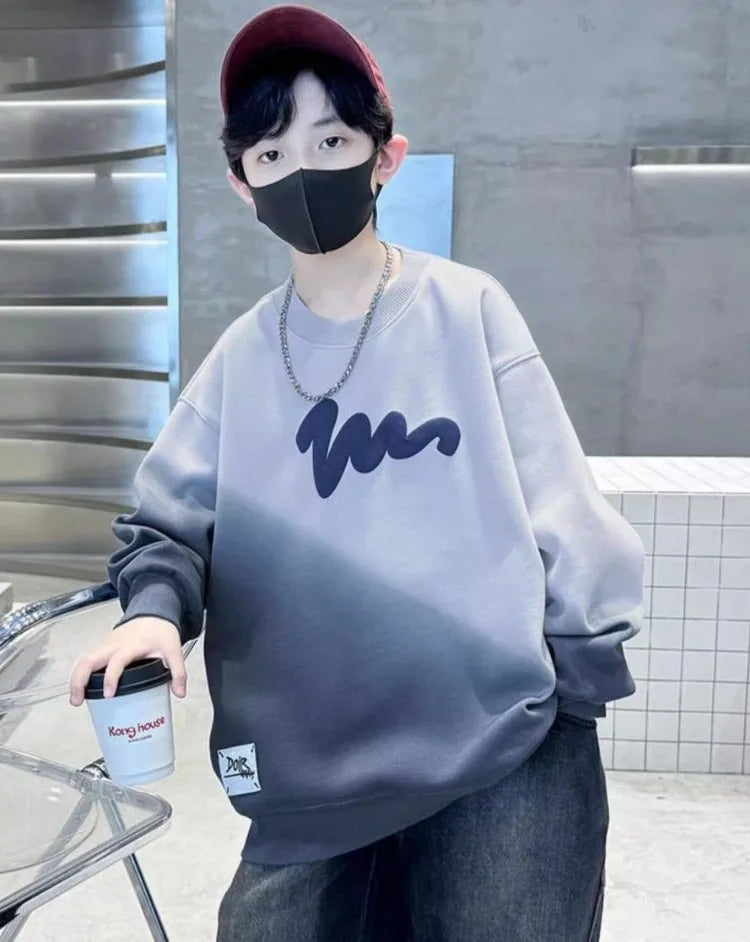 Boys' Medium-Large 2025 Autumn/Winter Trendy Fleece-Lined & Thickened Warm Loose Fit No Hood Sweatshirt