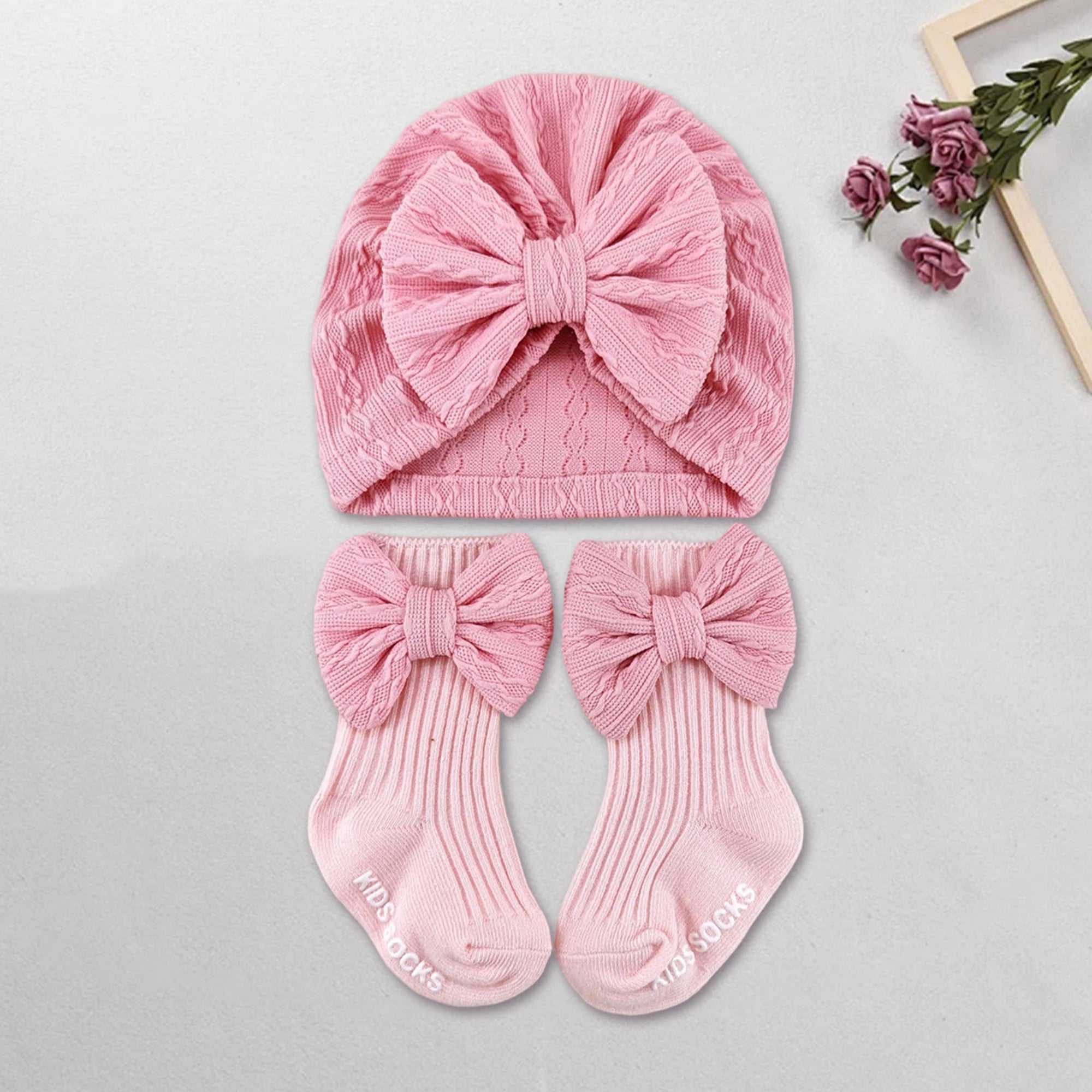 Adorable Baby Boy Knit Hat and Booties Set Newborn Soft Beanie Cap with Pom Pom and Matching Socks for Infants