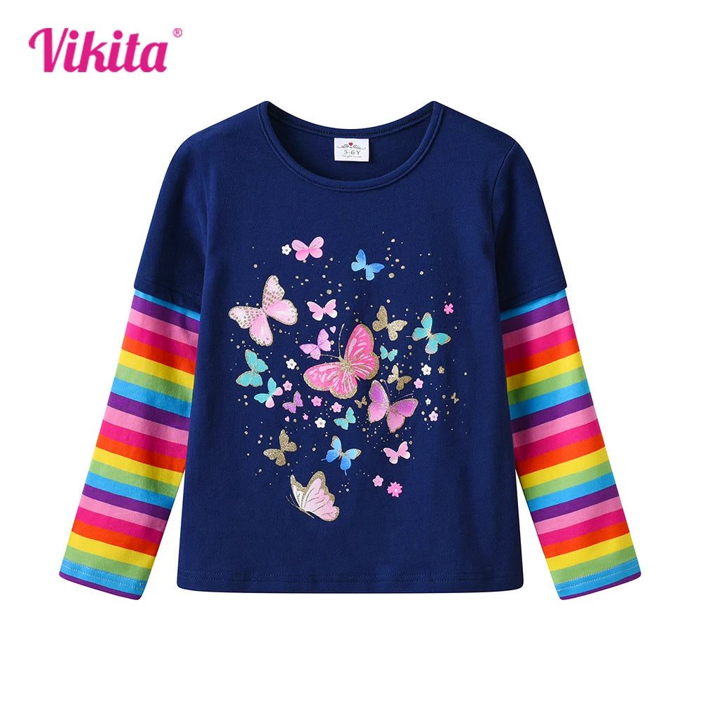 VIKITA Girls Colorful Butterfly Navy Blue T Shirts Kids Cotton Casual Daily Striped Long Sleeve Rainbow Tees Kids Tops Wear 3-8Y