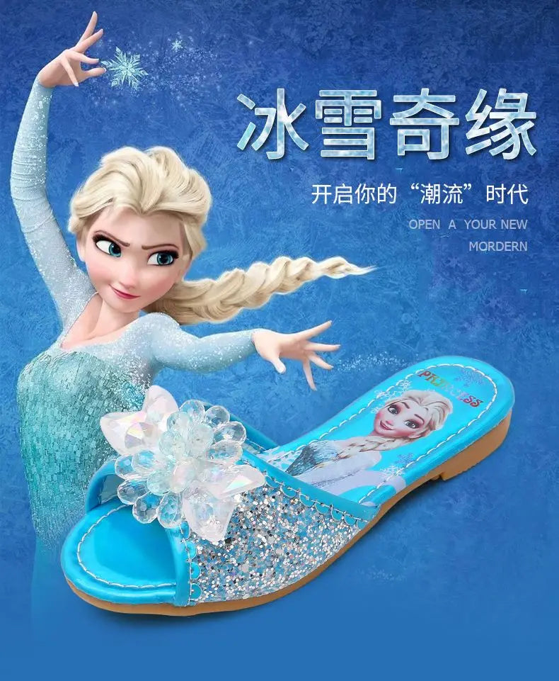 Disney Children's Sandals Frozen Slippers Fashion Elsa Princess Shoes Crystal Flowers Non-slip Blue Pink Silver Girls' Sandals