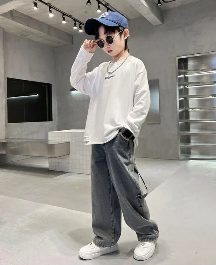 2025 Spring Boys' Wide-Leg Jeans Loose-Fit Trendy Streetwear for Kids Ages 8-14